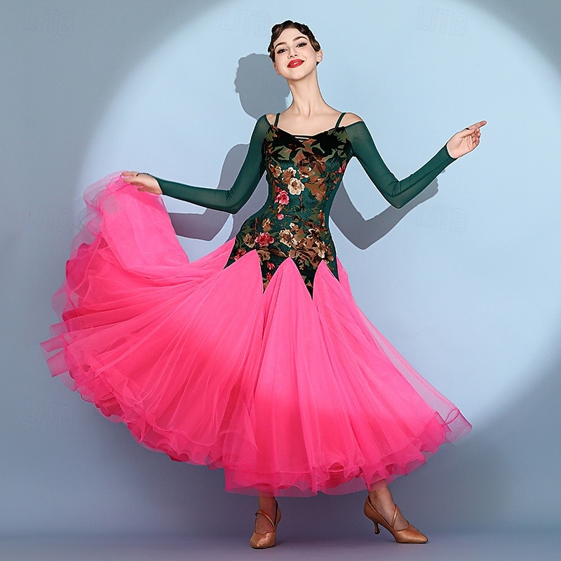Women's Ballroom Dance Dress Green Floral Velvet Bodice Hot Pink Tulle Skirt  Off Shoulder Long Sleeve Waltz Gown Modern Standard Competition Outfit 2026  - $154.99