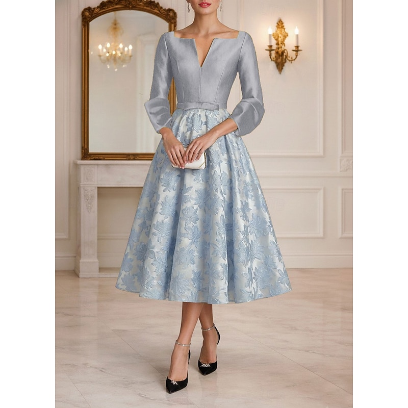 60 Semi Classy Dresses 60 Year Old Woman Cocktail Attire Formal Wear For Over 50 A-Line Tea Length Cocktail Dresses Party Dresses Elegant Vintage 3/4 Length Sleeve V Neck Wedding Formal Taffeta 