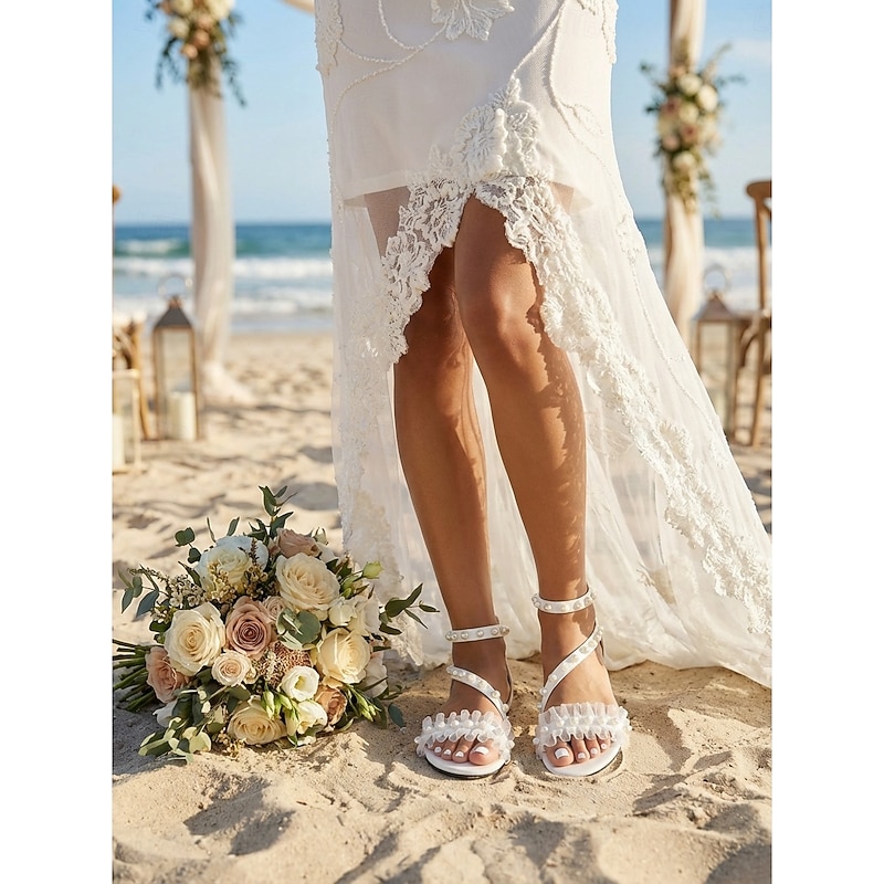 white dress sandals flat Satin Sandal with Ankle Strap, Wedding Sandals, Bridal Flat 7 Non Slip Rubber Sole Shop Women's White Flat Sandals