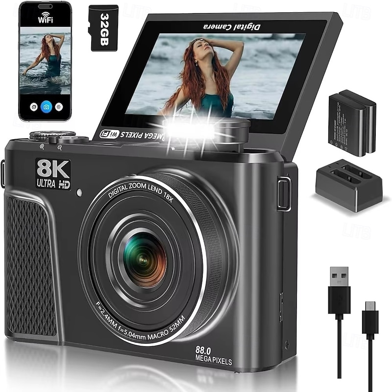2026年 写真撮影用8Kデジタルカメラ、YouTube向け88MP Wi-Fi Vlog
