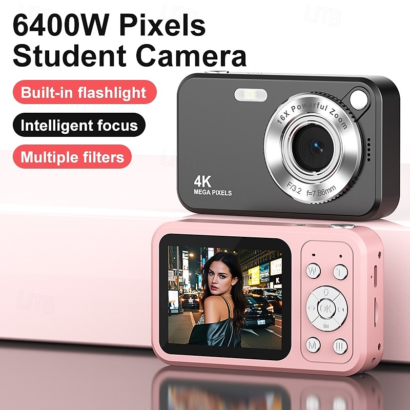 Cámara Digital 4K De 64 MP Con Tarjeta SD De 32 GB – Enfoque Automático, Zoom 16x, Compacta Para Nińos Y Principiantes