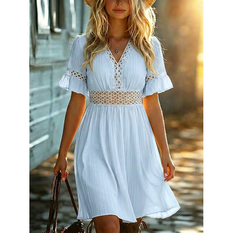 knee length summer dresses Women's Dress Boho Dress Lace Dress Dress Elegant Fashion Beach Vacation Regular Fit Plain Short Sleeve V Neck White Yellow Red Light Blue Summer Spring 2026 FEB26WK1