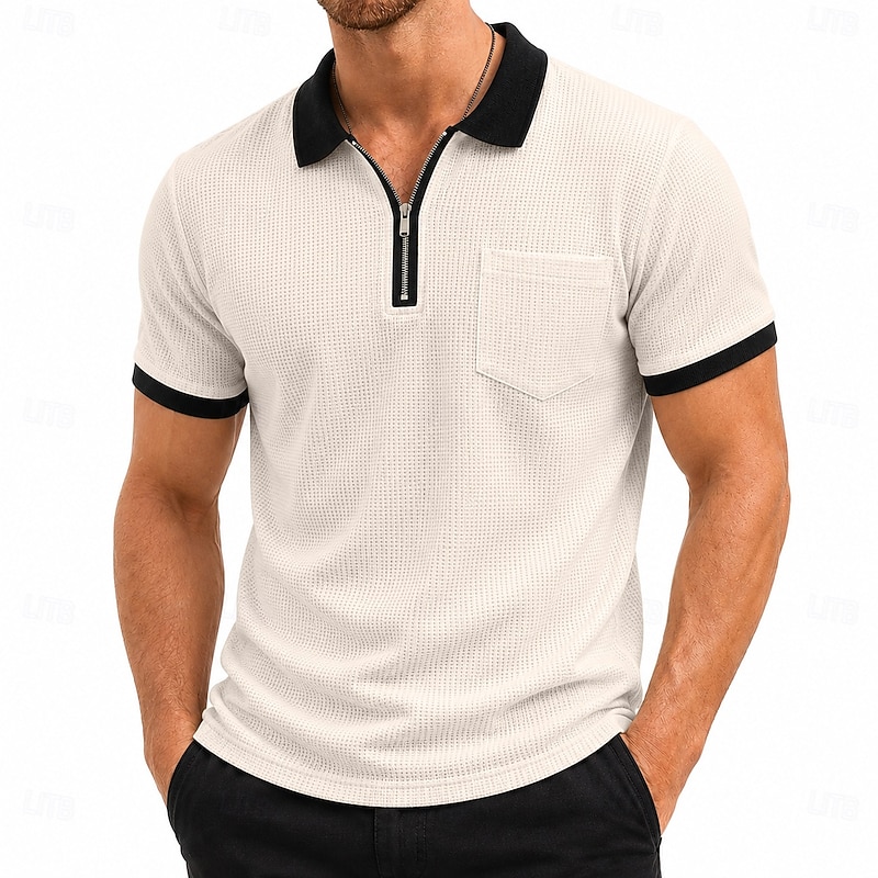 Men's Waffle Polo Shirts Textured Casual Quarter Zip Short Sleeve