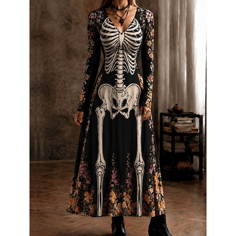 Halloween Women's Full Body Skeleton Floral Print Maxi Dress