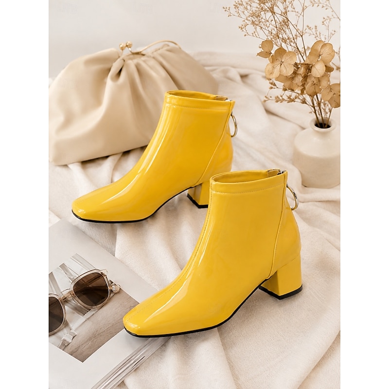 Women's Yellow Patent Leather Ankle Boots, Square Toe Chunky Block