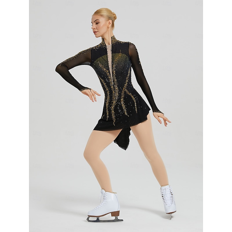 Figure Skating Dress Women's Girls' Ice Skating Dress Black Patchwork Asymmetric Hem High Elasticity Training Competition Skating Wear Classic Crystal / Rhinestone Long Sleeve Ice Skating Figure 2026