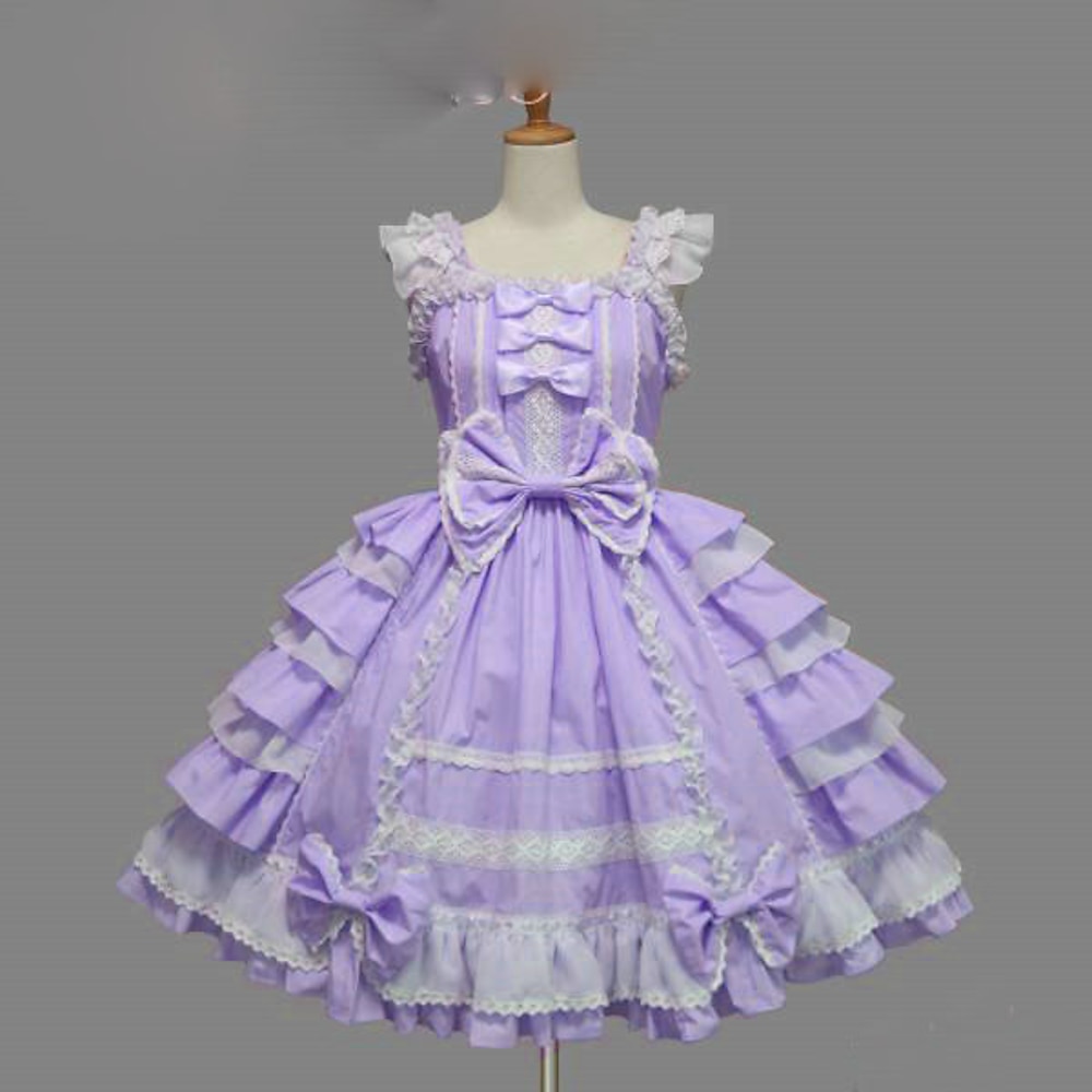 Süße Lolita Übergröße Urlaubskleid Kleid Ärmellose Kleider Damen Mädchen Baumwolle Japanisch Cosplay Kostüme Purpur / Gelb / Blau Einfarbig Schleife Kappe Kurzarm Kurz / Mini / Hochelastisch Lightinthebox