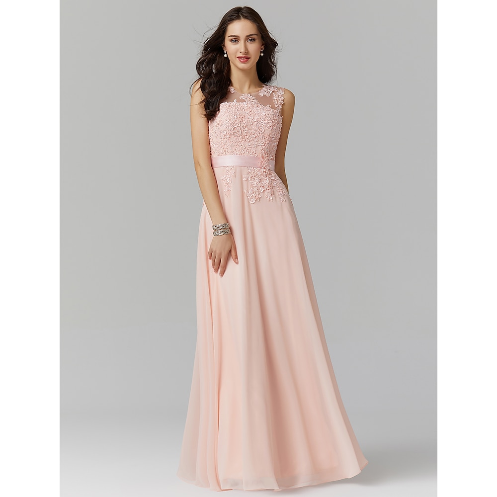 TS A-Linie Abendkleid elegantes Kleid Hochzeitsgast Abschlussball bodenlang ärmellos Illusion Hals Brautjungfernkleid Georgette mit Applikationen 2024 Lightinthebox