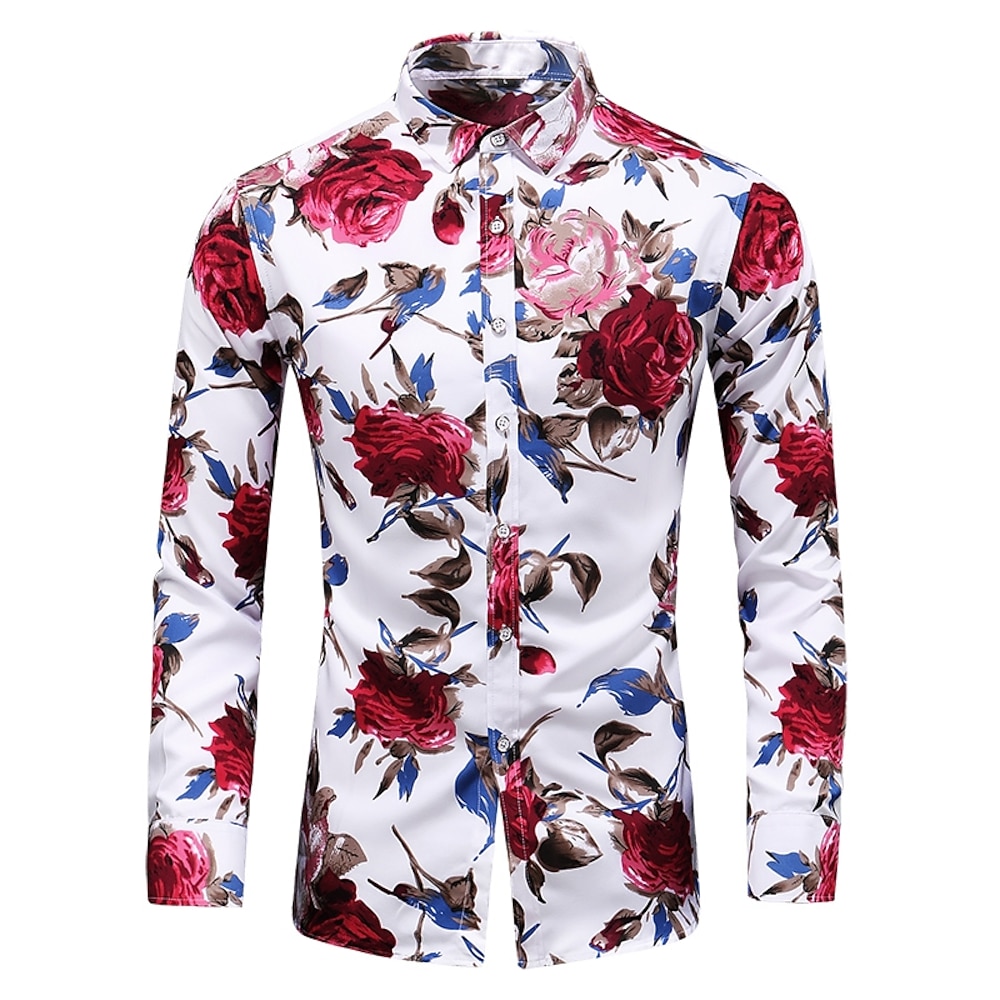 Herren Blumen Hemd Grafik-Shirt Langarm Vintage Designer Basic Täglich Festtage Frühling Herbst Kragen Bedruckt Schwarz Rote Blau Lightinthebox