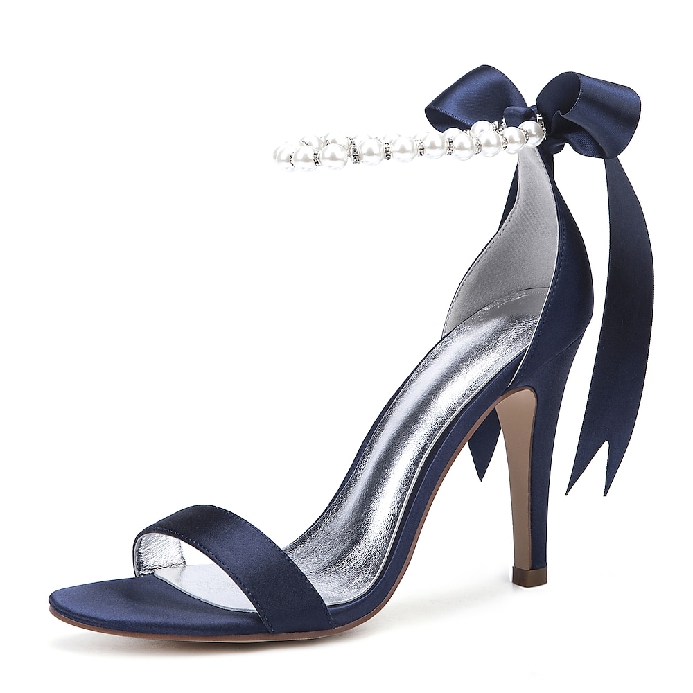 Marineblaue High Heels aus Satin für Damen - Stilettos mit Perlenbesatz und Fesselriemchen und Schleife für Hochzeiten und besondere Anlässe Lightinthebox