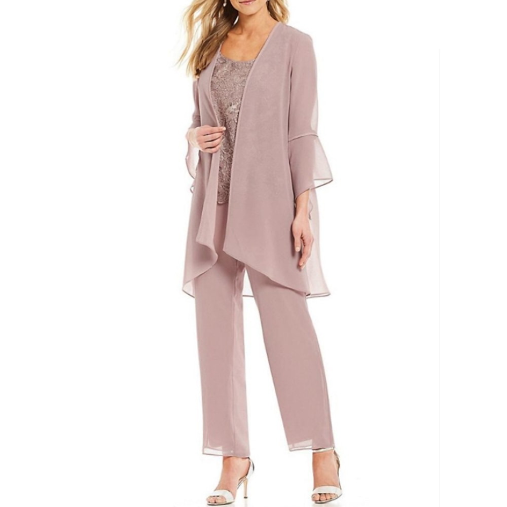 TS Jumpsuit Hosenanzug Mutter der Braut Formeller Hochzeitsgast Eleganter Plus-Size Funkelnd Strahlend Scoop-Ausschnitt Bodenlang Chiffon Spitze Ärmellos mit Applikationen 2025 kostenlose Lightinthebox