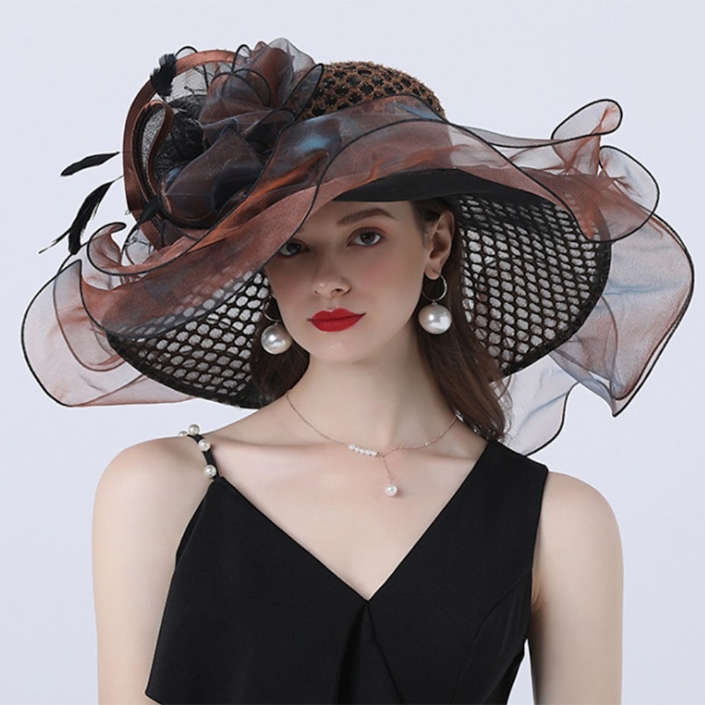 Hüte Kopfbedeckungen Tüll Organza Fischerhut Strohhut Sonnenhut Hochzeit Outdoor Pferderennen Ladies Day Melbourne Cup Mode Vintage-Stil mit Schleife Blumenkopfbedeckung Kopfbedeckung Kleid zum Lightinthebox