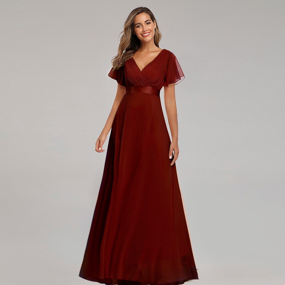 A-Linien-Kleid mit Rüschen für Hochzeitsgäste, elegantes formelles schwarzes Kleid für Brautjungfern, bodenlanges, kurzärmliges V-Ausschnitt-Chiffon-Kleid mit V-Rücken und Rüschen, beeindruckendes Lightinthebox