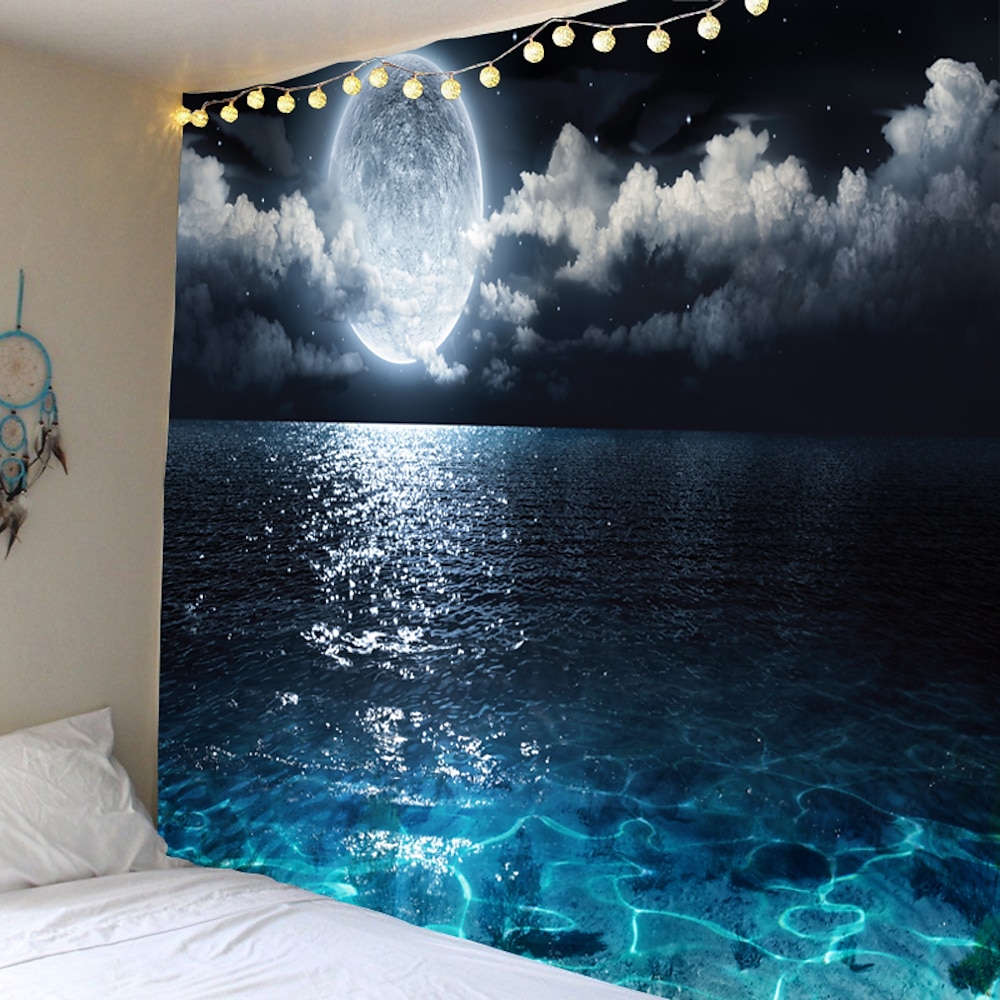 mond meer himmel wandteppich kunst dekor decke vorhang picknick tischdecke hängen haus schlafzimmer wohnzimmer wohnheim dekoration landschaft volle nacht ozean wolke stern Wandtuch XXL Natur Lightinthebox