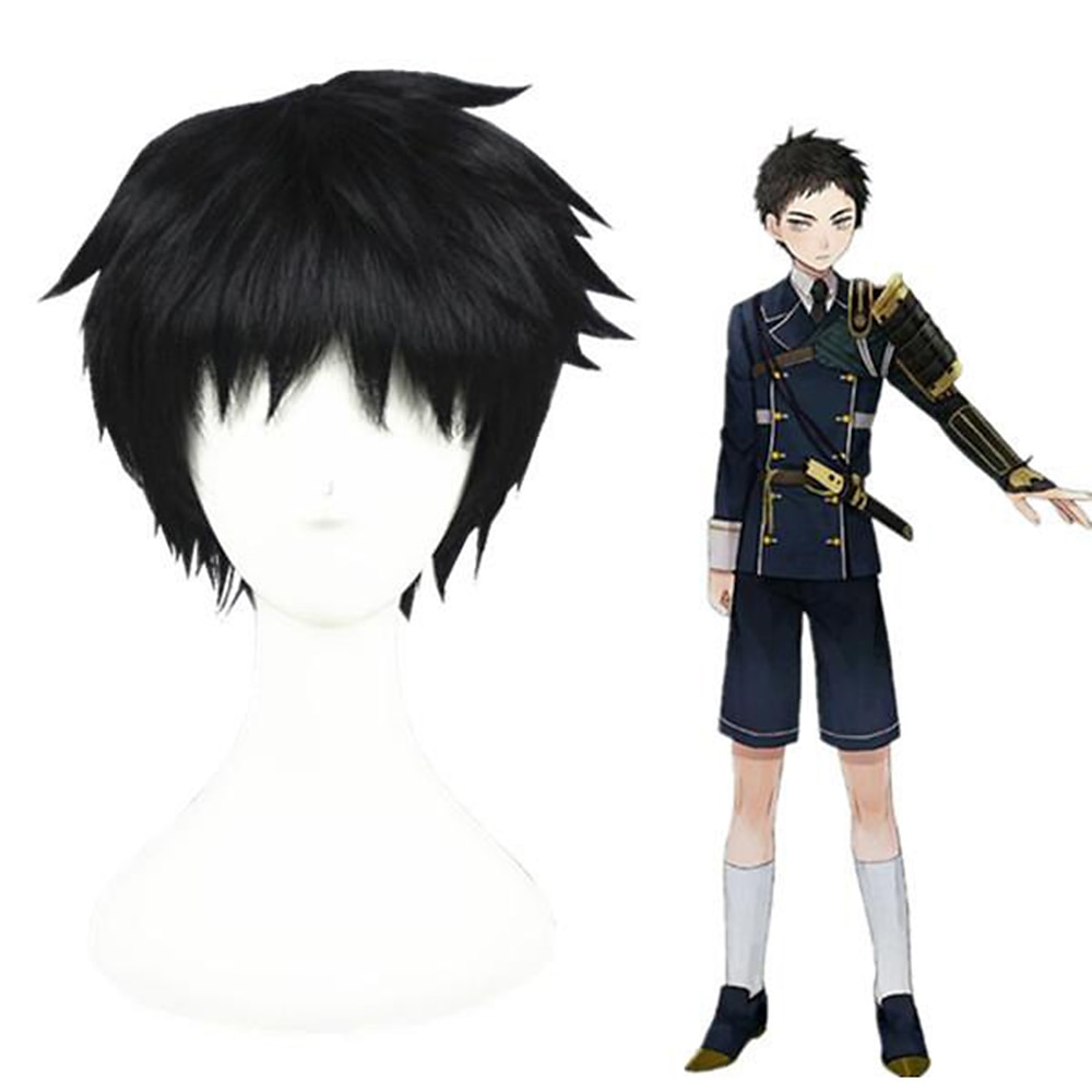 Cosplay-Perücke Atsushi Toushirou Touken Ranbu, glatt, asymmetrisch, mit Pony, kurze schwarze Kunsthaarperücke, 14 Zoll, Anime-Cosplay für Damen, coole schwarze Halloween-Perücken Lightinthebox