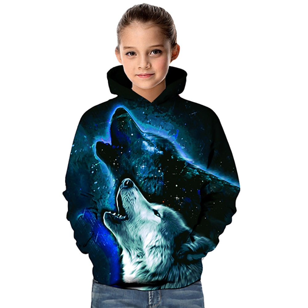 Kinder Baby Mädchen Kapuzenpullover Langarm Blau Wolf Geometrisch 3D Tier Bedruckt Aktiv Grundlegend Lightinthebox