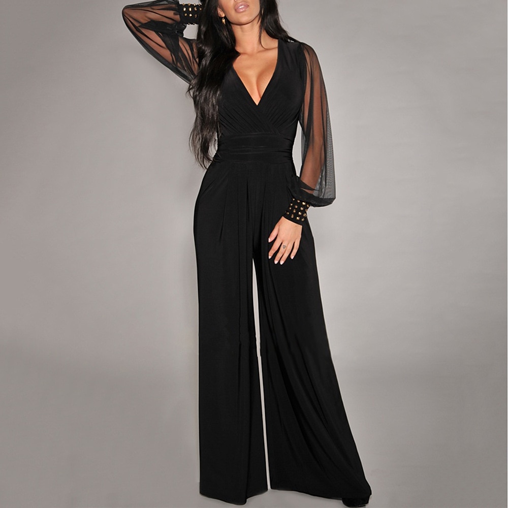 Damen Jumpsuit Elegant Feste Farbe Langarm Breites Bein V Ausschnitt Gitter Hohe Taillenlinie Hochzeit Party Schlank Schwarz Sommer Lightinthebox