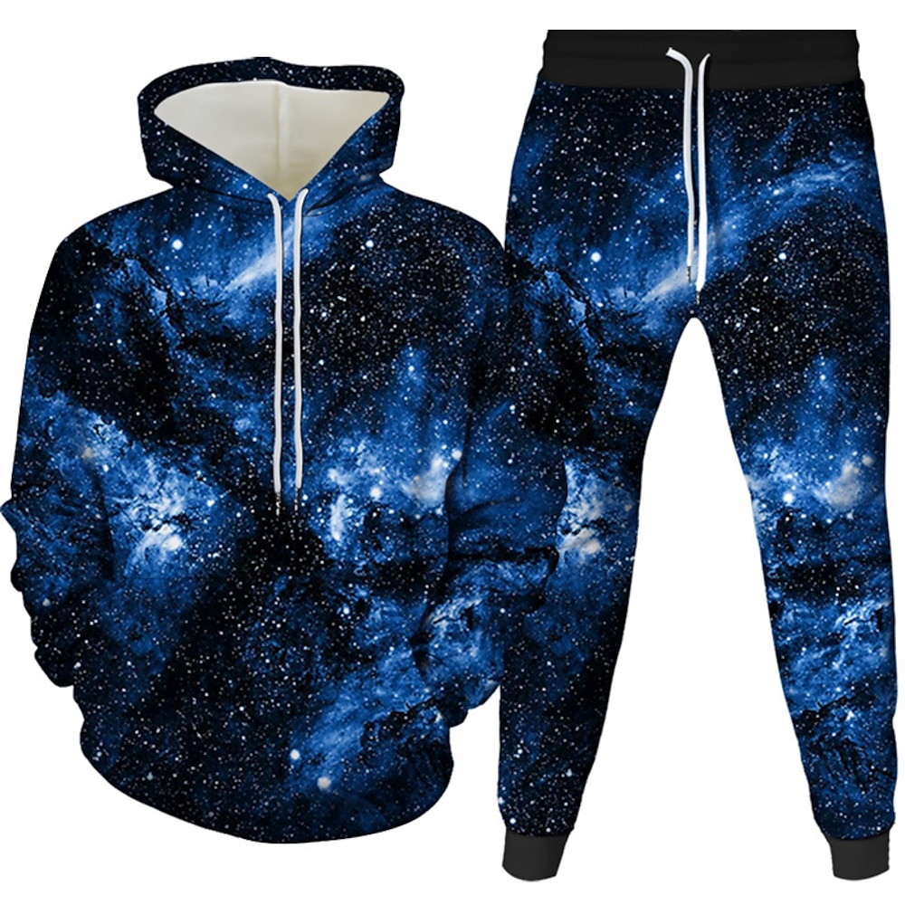 Herren 3D Galaxy-Print Hoodie Sweatshirt Kapuze Hoodies Pullover Hoodie Sweatshirt Kapuze Langarm Sweatshirt mit Kapuze Mit Kapuze 3D-Druck 3D-Druck Täglich Wein Königsblau 2 teilig Vordertasche Lightinthebox