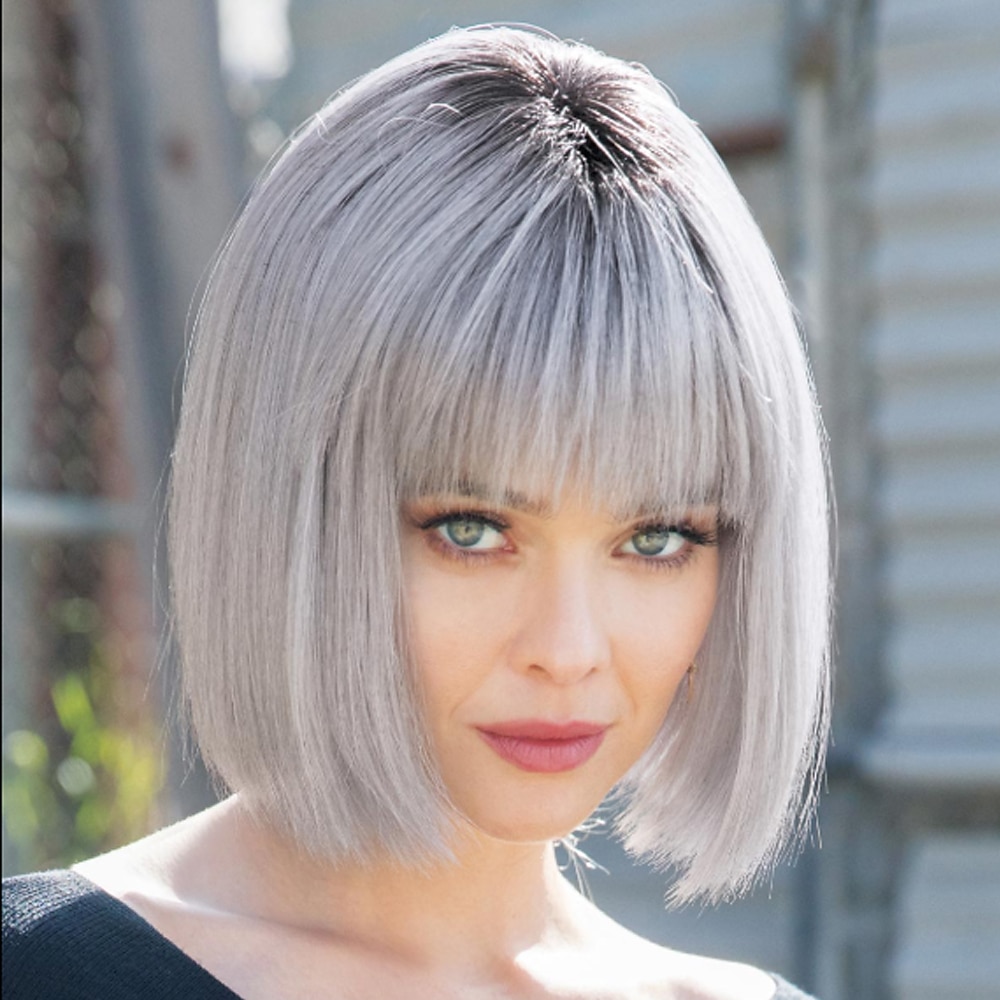 Synthetische Perücken Glatt Bob Bubikopf Perücke Kurz Silber-Grau Weiß Synthetische Haare Damen Modisches Design Strähnchen / Balayage-Technik Exquisit Silber Lightinthebox