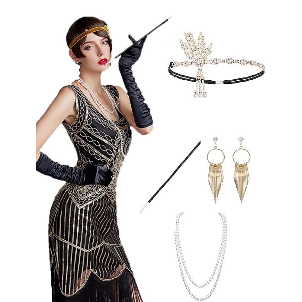 Brüllen 20s 1920s Der große Gatsby Kleid Kostümzubehör-Sets Handschuhe Flapper Stirnband Halloween Kostüme Kopfbedeckung Ohrring Perlenkette Der große Gatsby Charleston Damen Quaste Feste Farbe Quaste Lightinthebox