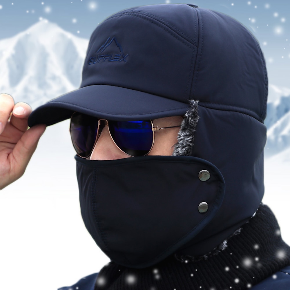 1 Set Herren Mütze für Wanderer Visier Maske Mütze Hut Winter Außen Windundurchlässig Warm Weich Dick Schädel Caps Gesichtsmaske Hut Feste Farbe Wollstoff Schwarz Blau Grau für Angeln Klettern Laufen Lightinthebox