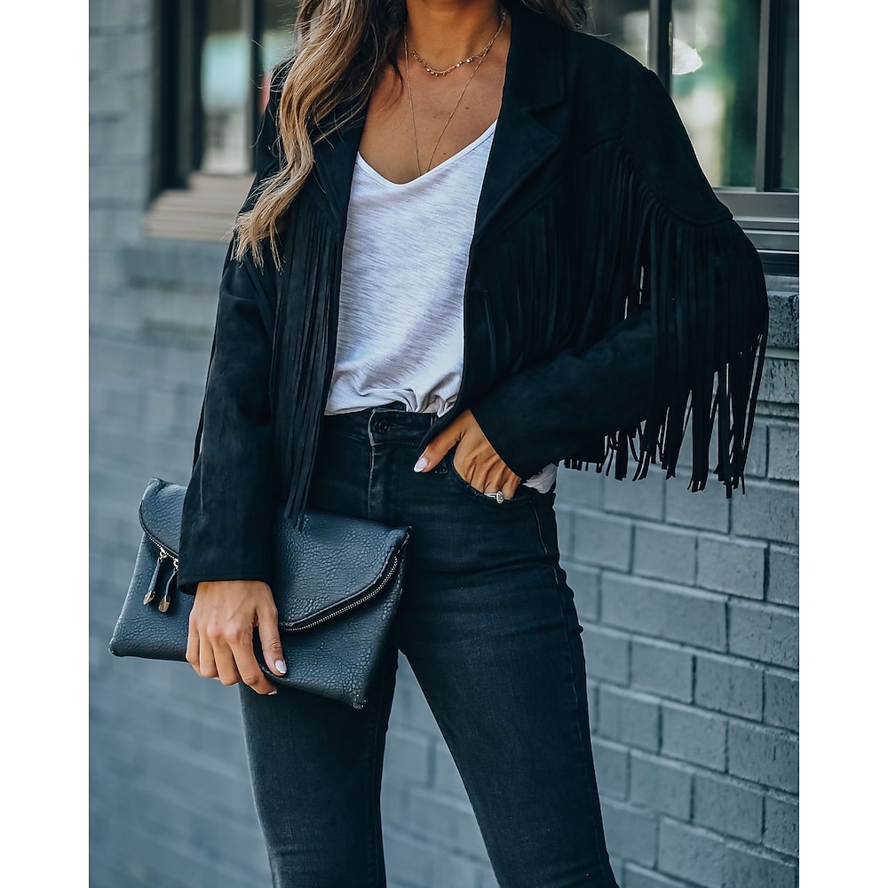 Damen Freizeitjacke Ausgehen Herbst Standard Mantel Regular Fit Atmungsaktiv Ausgefallener Stil Jacken Langarm Feste Farbe Quaste rostig Weiß Schwarz Lightinthebox