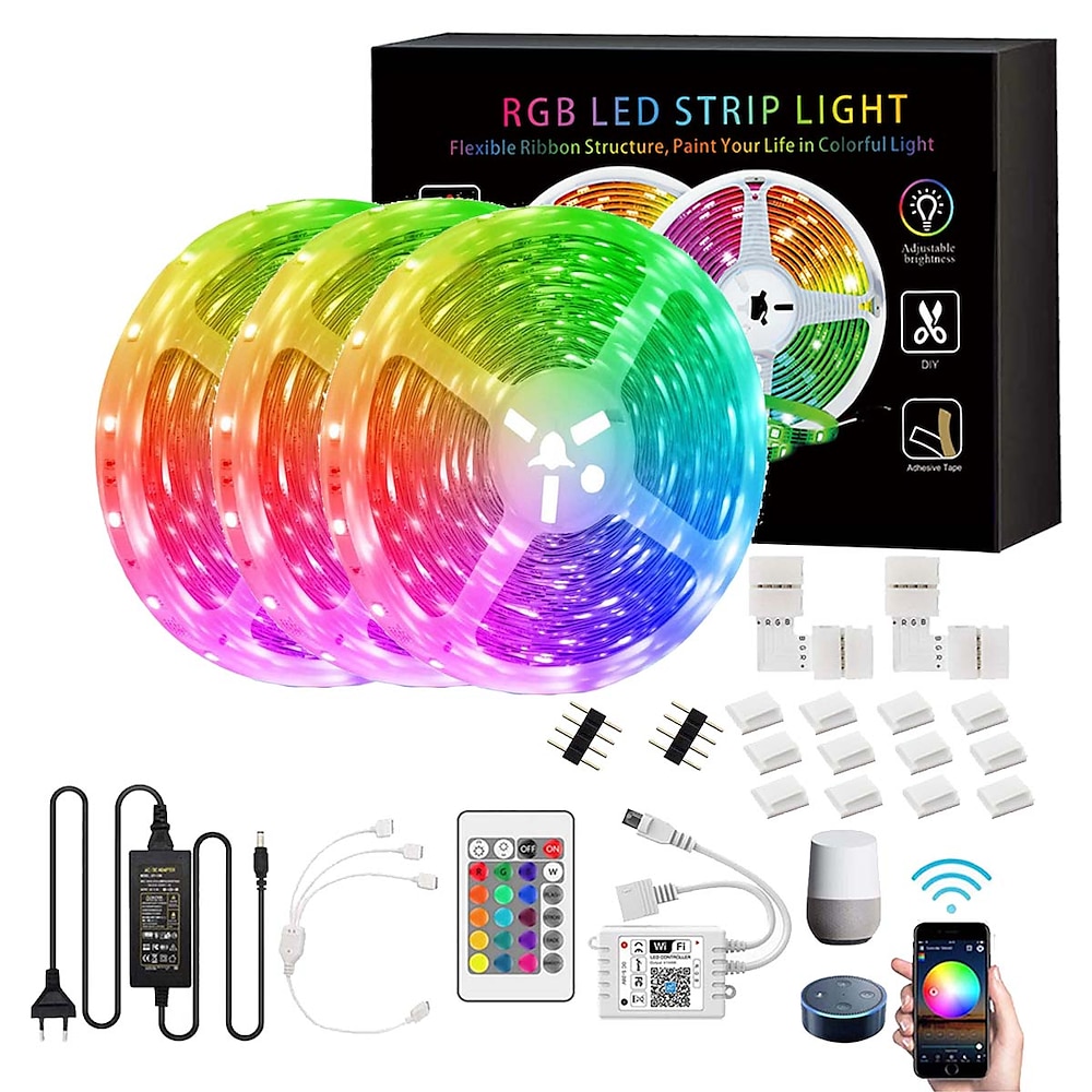 30 m (3 x 10 m), intelligente App-Steuerung, flexibles LED-Lichtband, 5050 RGB, SMD, 540 LEDs, funktioniert mit Alexa Google 12 V 5 A Adapter-Set Lightinthebox