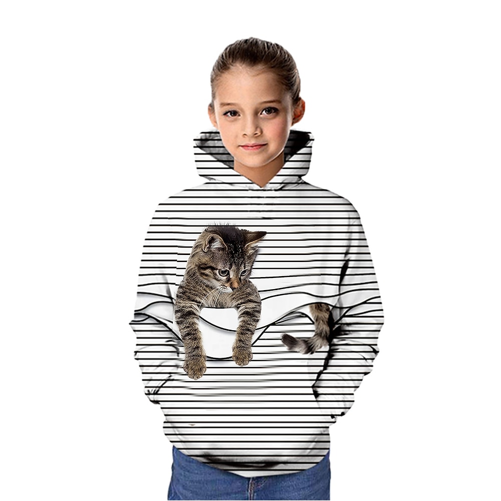 Kinder Mädchen Kapuzenshirt Langarm 3D-Druck Graphic Tier Katze Streifen Grün Weiß Purpur Kinder Oberteile Frühling Herbst Aktiv Täglich Schulanfang Täglich Lockere Passform 3-12 Jahre / Winter Lightinthebox