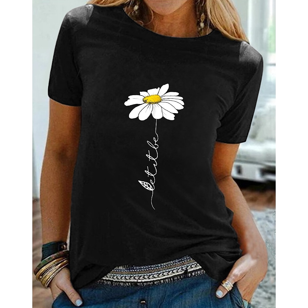 Damen T Shirt Schwarz Weiß Gelb Graphic Gänseblümchen Bedruckt Kurzarm Täglich Ausgehen Basic Rundhalsausschnitt Standard 100% Baumwolle Blume S Lightinthebox