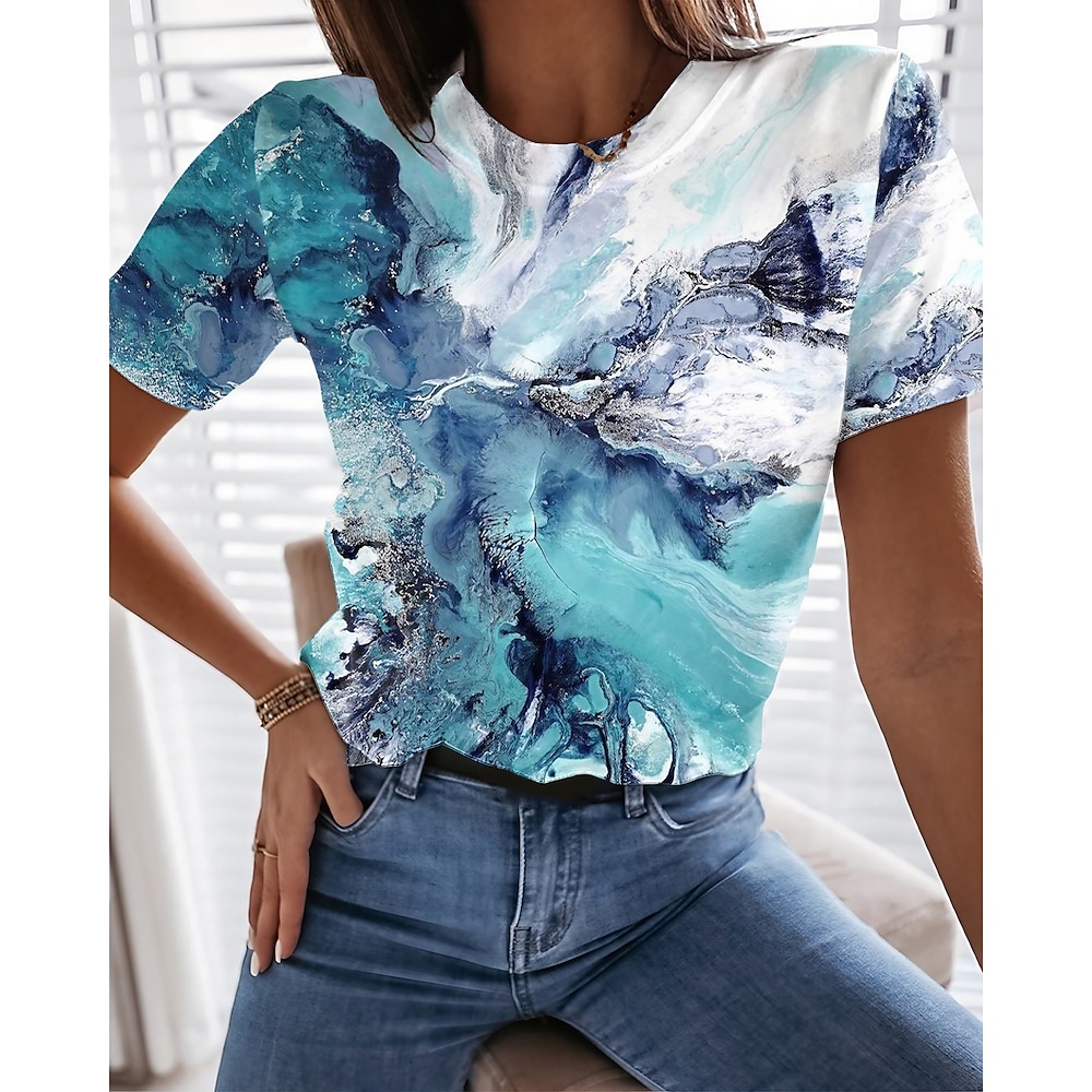 Damen T Shirt Geometrisch Abstrakt Bedruckt Täglich Wochenende Vintage Basic Kurzarm Rundhalsausschnitt Grün Sommer Lightinthebox