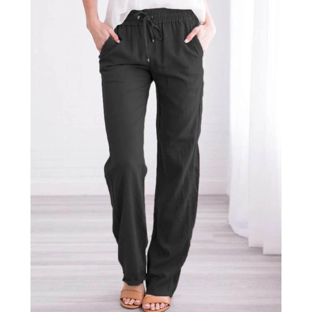Damen-Chinohose, Baggy-Hose, lange Tasche, Baumwolle, Leinen, mittlere Taille, klassisch, lässig, Büro, Arbeit, Schwarz, Rot, S, M, Sommer, Frühlingamp; fallen Lightinthebox