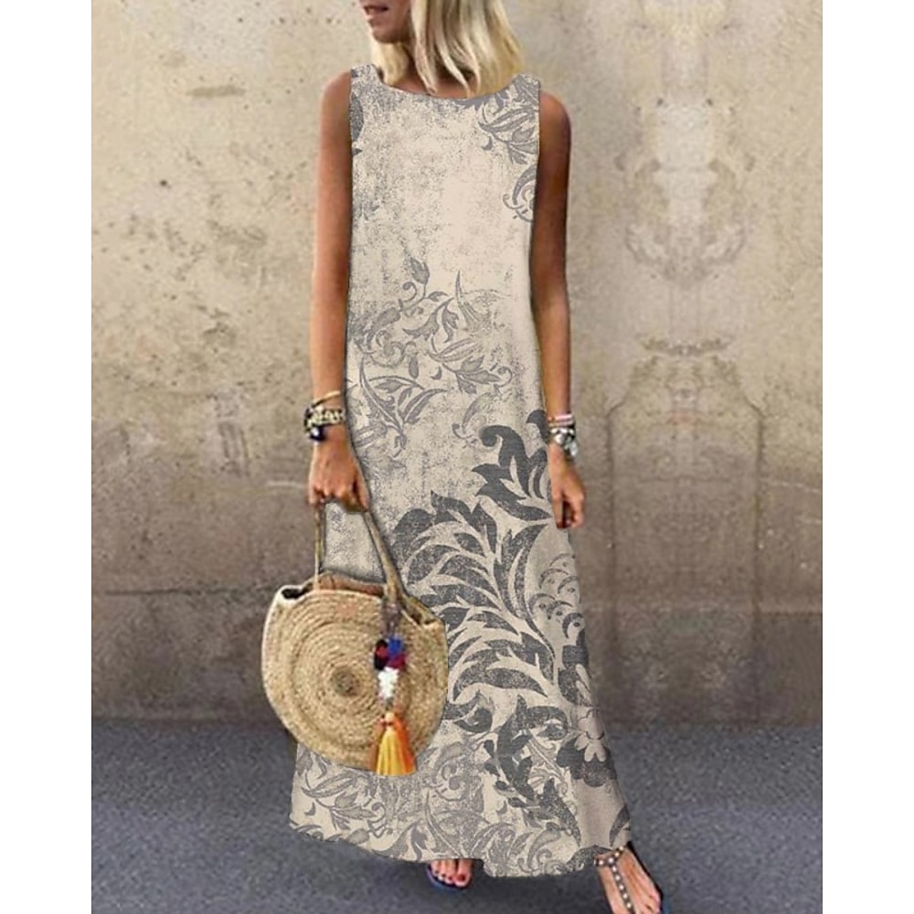 Damen Maxikleid Sommerkleid Shift Kleid Sommerkleid Elegant Lässig Urlaub Party Lässig Regulär Fit Floral Druck Ärmellos Rundhalsausschnitt Beige Sommer Frühling Lightinthebox