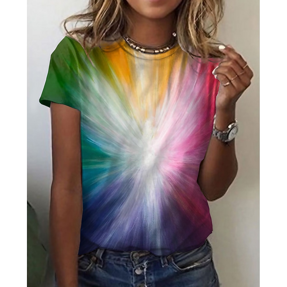 Damen T-Shirt Basic Farbblockdruck Kurzarm Normal Oberteile Rundhals Alltag Wochenende Gelb Rot Blau Grün Regenbogen Lightinthebox