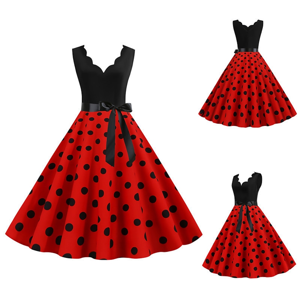 Polka-Dot 1950s Cocktailkleid Kleid Weihnachtskleid Rockabilly Knie-Länge Damen Punkt V Ausschnitt Weihnachten Halloween Karneval Abschlussball Abiball Erwachsene Kleid Homecoming-Kleider Frühling Lightinthebox