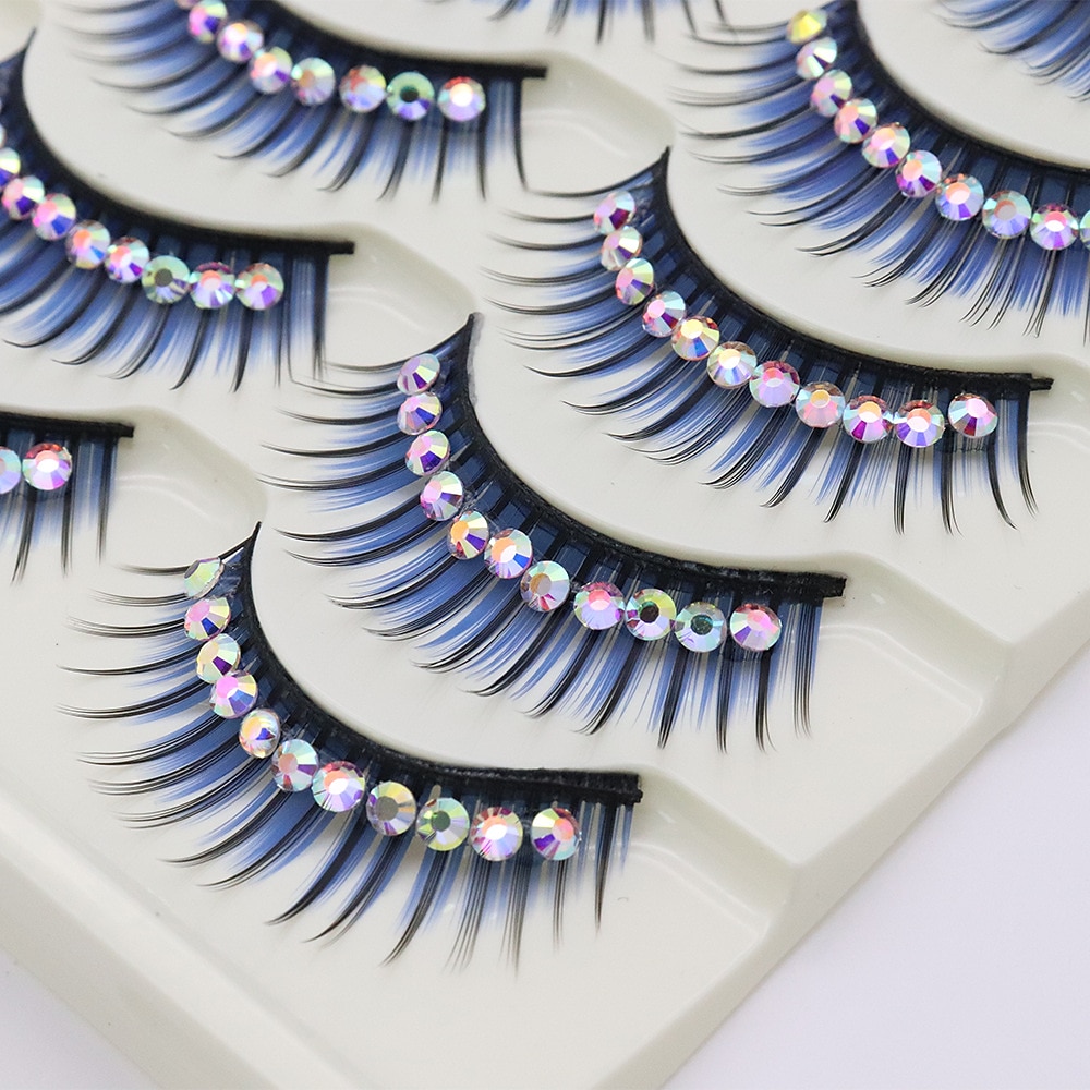 5 Paar falsche Wimpern blau mit Strass dicken und übertriebenen falschen Wimpern Latin Dance Performance bunte Wimpern Lightinthebox