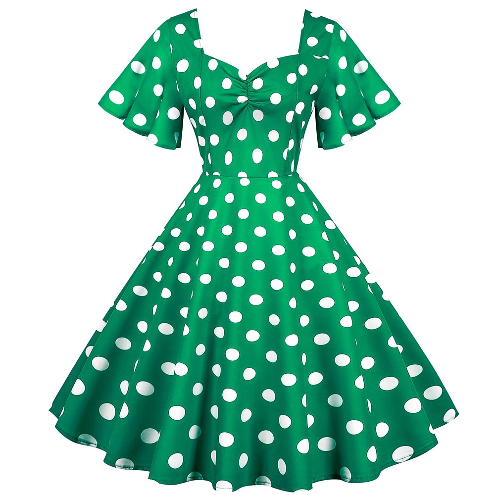 Retro Vintage 1950er Cocktailkleid Knielang Kleid Ausgestelltes Kleid Glockenärmel Schmale Passform Tupfen A-Linie V Ausschnitt Quadrathals Normal Damen Karneval Neujahr Maskerade Lässig Kleid Lightinthebox