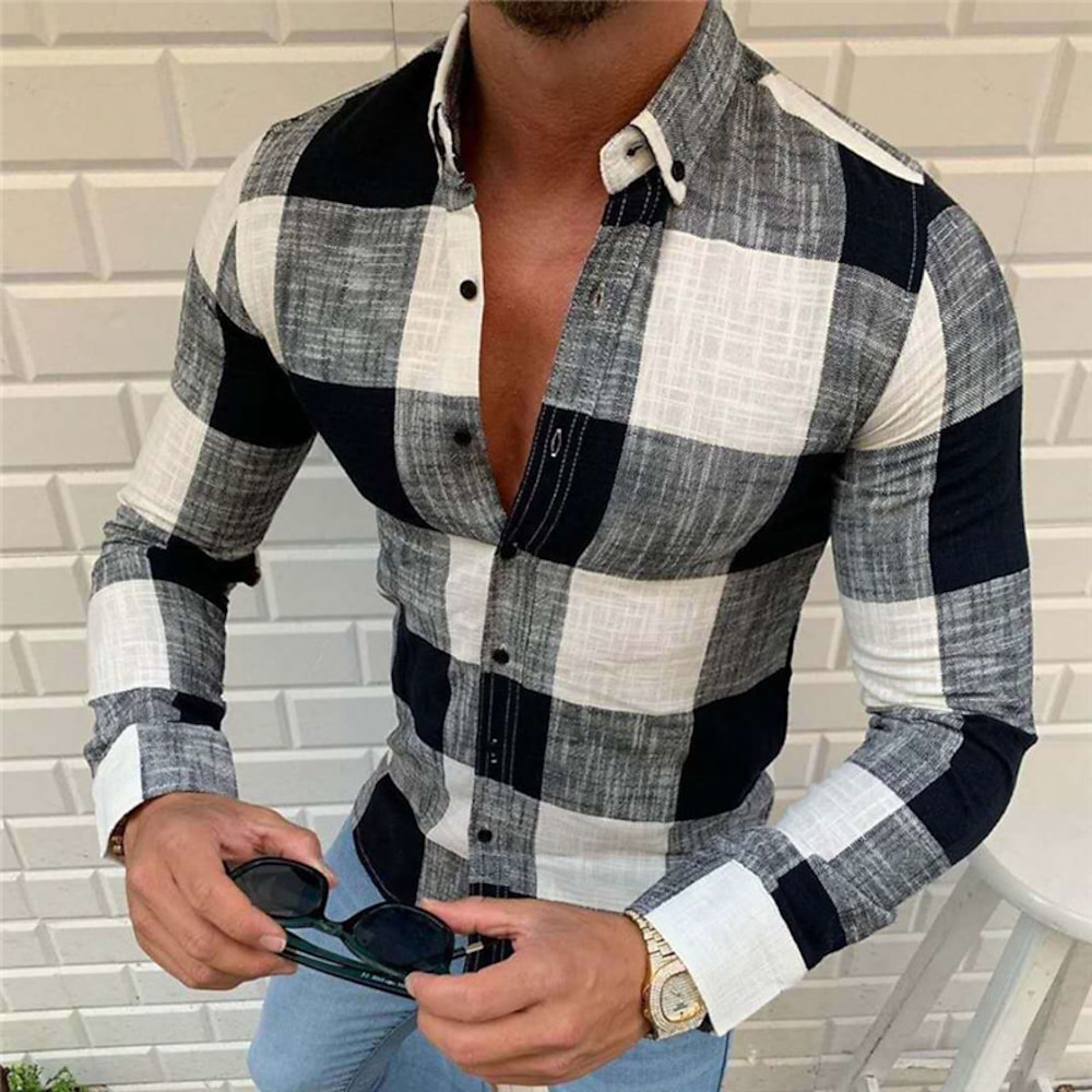 Herren Hemd Sommerhemd Knopfhemd Kariertes Hemd trachtenhemd Schwarz Rote Marineblau Langarm Plaid / Karomuster Kariert Umlegekragen Casual Täglich Button-Down Bekleidung Modisch Brautkleider Lightinthebox