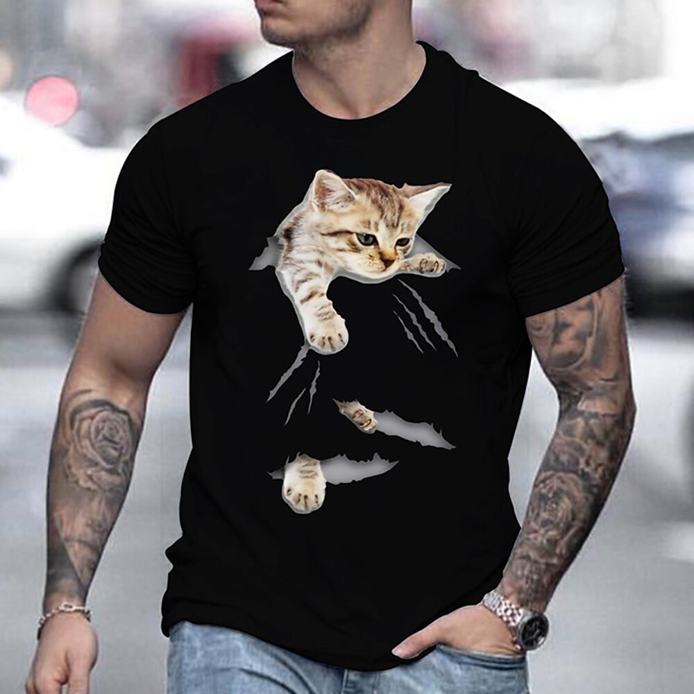 Herren Katze T Shirt Tee 100% Baumwolle Kurzarm Grafik Hemd Schwarz Weiß Grau Bequemes T-Shirt Casual Modedesigner-Kleidung Lightinthebox