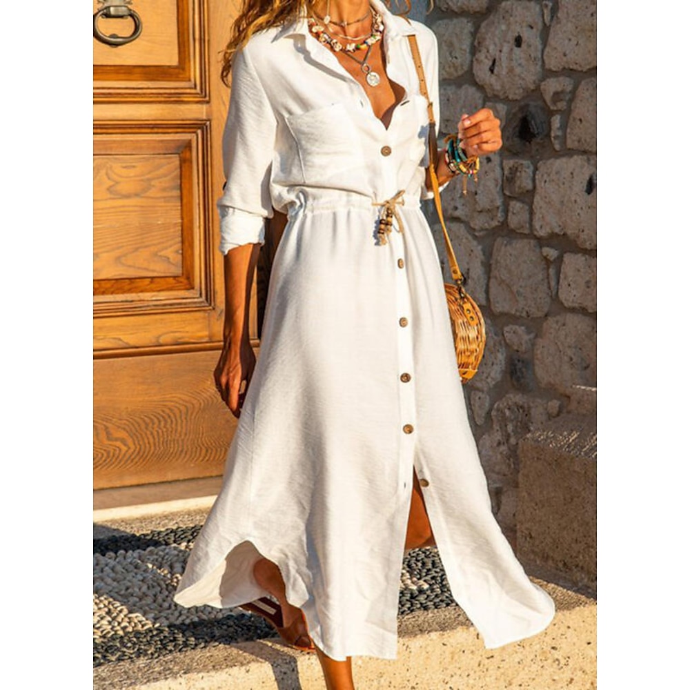 Damen Weißes Kleid blusenkleid Boho Chic Kleider Maxikleid Outdoor winterkleider damen Täglich Polyester Brautkleider schlicht Hemdkragen Knopf hoch Bindegürtel Langarm Sommer Frühling Regular Fit Lightinthebox