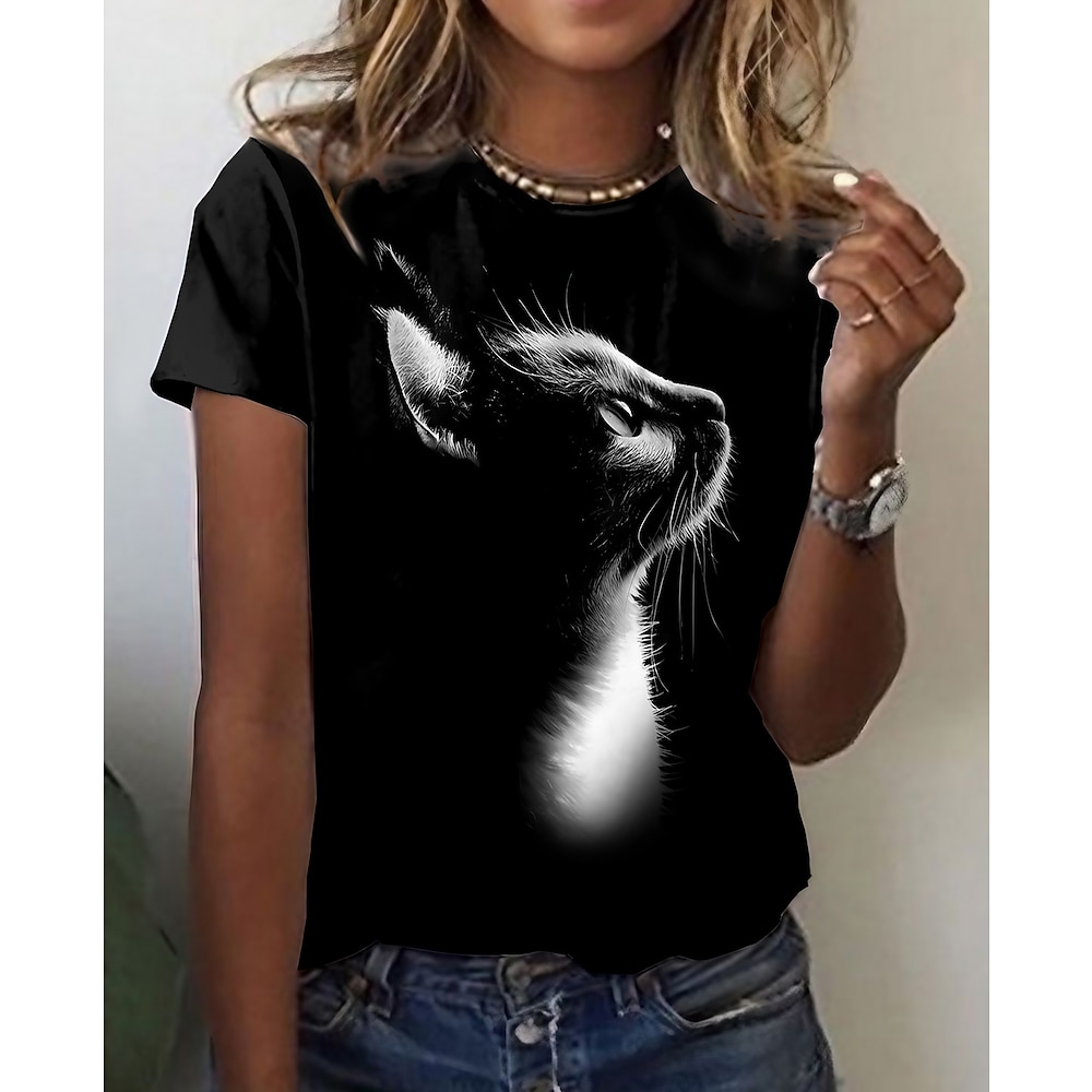 Damen T-Shirt Basic Katzen-Print Kurzarm Normale Oberteile Rundhalsausschnitt Alltag Wochenende Schwarz Sommer Lightinthebox