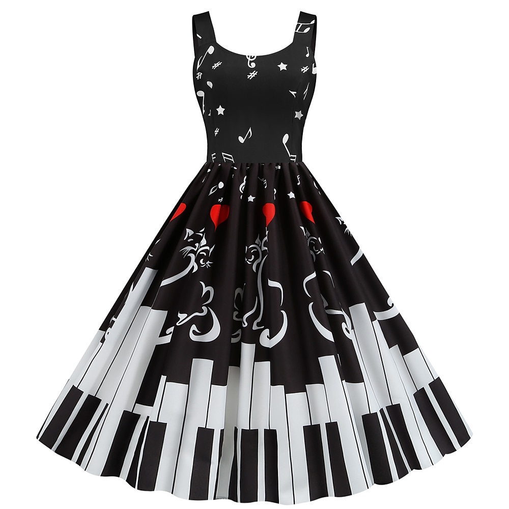 Retro Vintage Hepburn Cocktailkleid Kleid Flare-Kleid Knie-Länge Damen Herz Musik A-Linie U-Ausschnitt Normal Karneval Silvester Valentinstag Verabredung Kleid Erwachsene Kleid Ganzjährig Lightinthebox