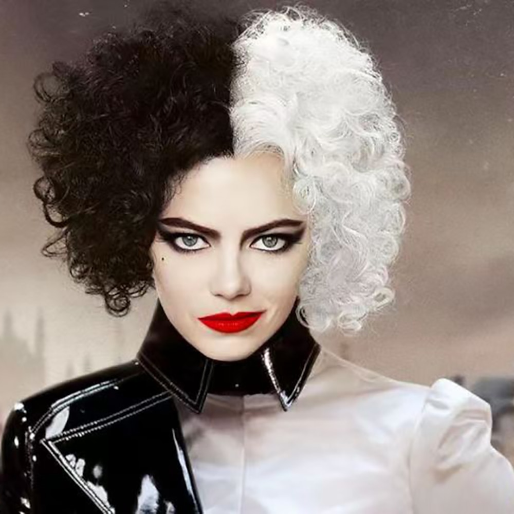 101 Dalmatiner Cruella de Vil Cosplay Perücken Damen Mittelteil 12 Zoll hitzebeständige Faser lockig schwarz weiß Erwachsene Teenager Anime Perücke Karnevalsperücken Lightinthebox