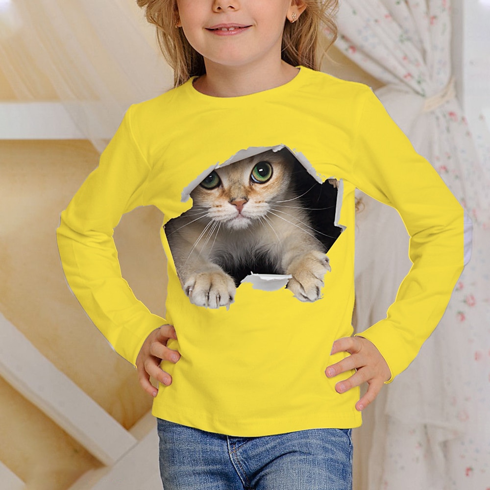 Kinder Katze 3D-Druck T-Shirt T-Shirt Langarm Gelb Orange Tierdruck Alltagskleidung Aktiv 4-12 Jahre / Herbst Lightinthebox