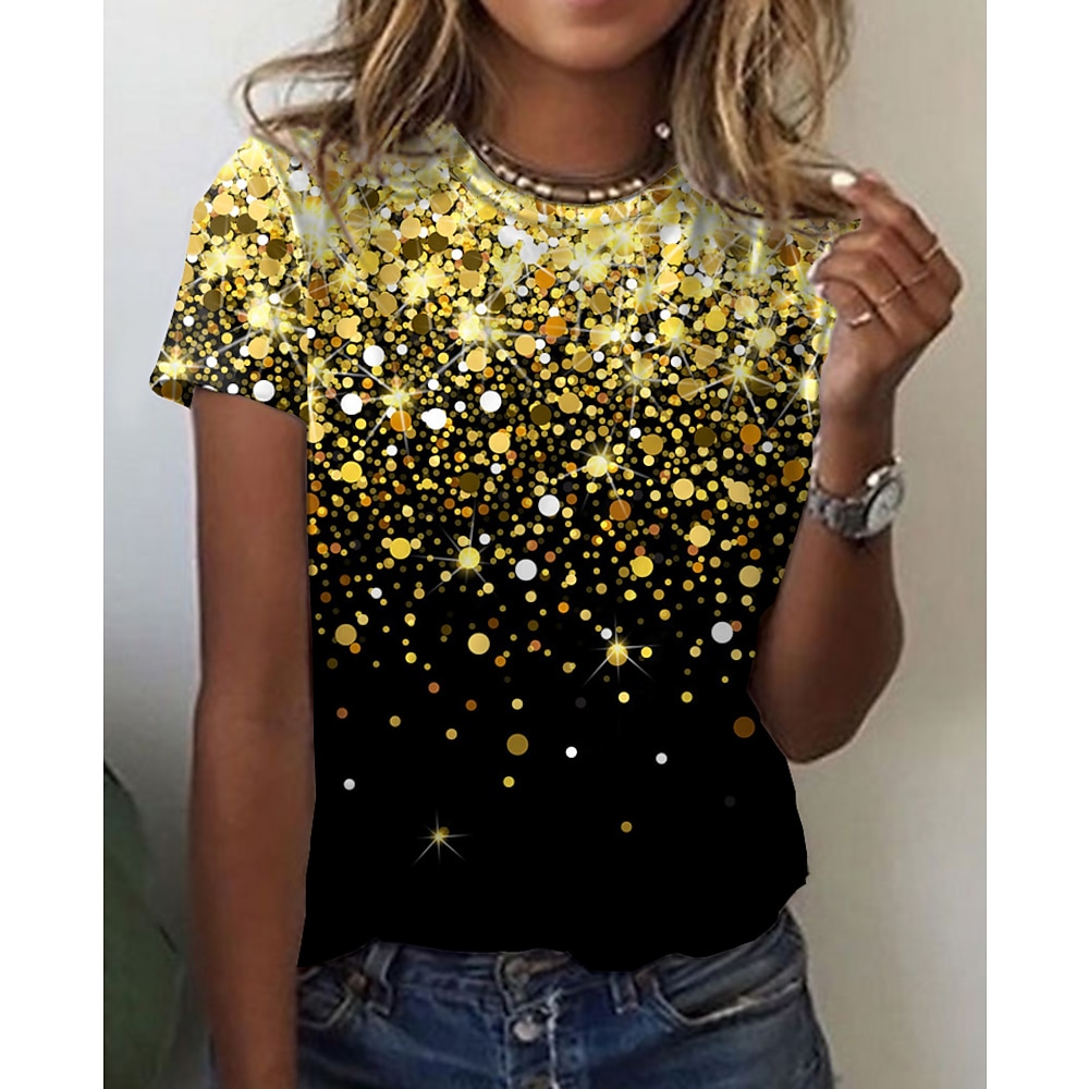 Damen T Shirt Gelb Blau Purpur Graphic Galaxis Bedruckt Kurzarm Täglich Wochenende Basic Rundhalsausschnitt Standard Abstrakt Farbe S Lightinthebox