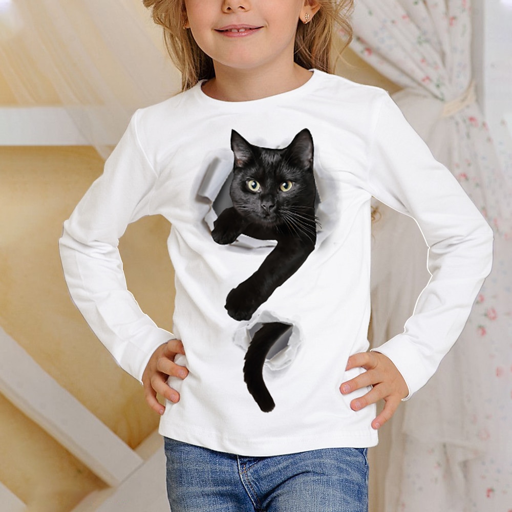 Kinder 3D-Druck Katze T-Shirt T-Shirt Langarm Katze Tierdruck Blau Weiß Rosa Kinder Tops Herbst Lässig Alltag Schule Normale Passform 4-12 Jahre Lightinthebox