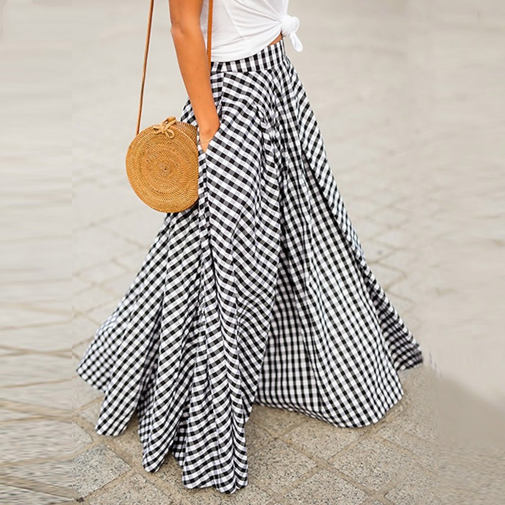 Damen Schaukel Faltenrock Langer Rock Maxi Röcke Tasche Plaid Schottenstoff Schottenstoff Kariert Strasse Urlaub Sommer Baumwolle Spandex Modisch Küsten-Oma-Stil Basic Sommer Schwarz Blau Lightinthebox