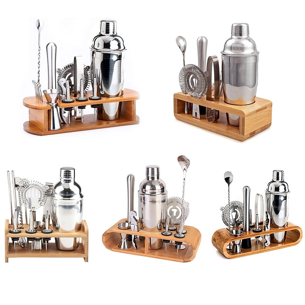 Barkeeper-Kit Cocktail-Shaker-Mixer Edelstahl 350 ml Bar-Werkzeugset mit stilvollem Bambusständer, perfektes Barkeeper-Set für zu Hause und Martini-Cocktail-Shaker-Set Lightinthebox