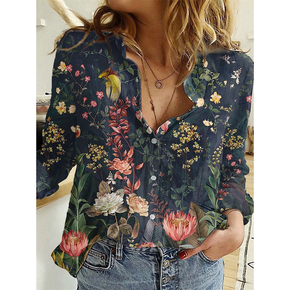 Damen Hemd Bluse Schwarz Rosa Armeegrün Graphic Blumen Taste Bedruckt Langarm Täglich Wochenende Tropisch Vintage Hemdkragen Standard Blume S Lightinthebox