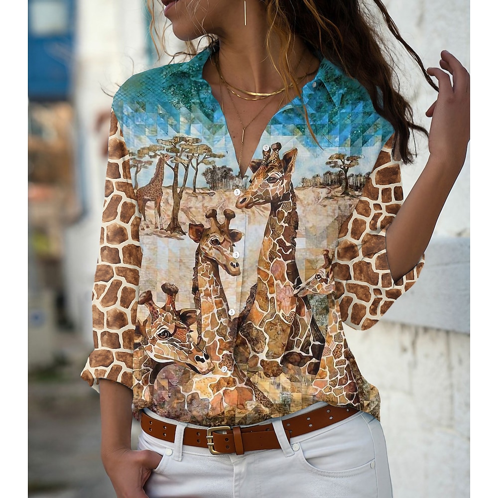 Damen Hemd Bluse Braun Tier Giraffe Taste Bedruckt Langarm Täglich Wochenende Basic Hemdkragen Standard S Lightinthebox