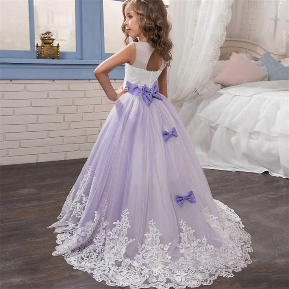 Blumenmädchenkleid Mädchen Kleid Spitzenkleid Formelle Kleidung Prinzessinenkleid Formal Leistung Hochzeit Elegant Vintage Prinzessin Spitze Schleife Blumen Ärmellos Rundhalsausschnitt Weiß Rosa 4-13 Lightinthebox